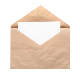 Photo of Envelope with card isolated on white, top view. Mockup for design