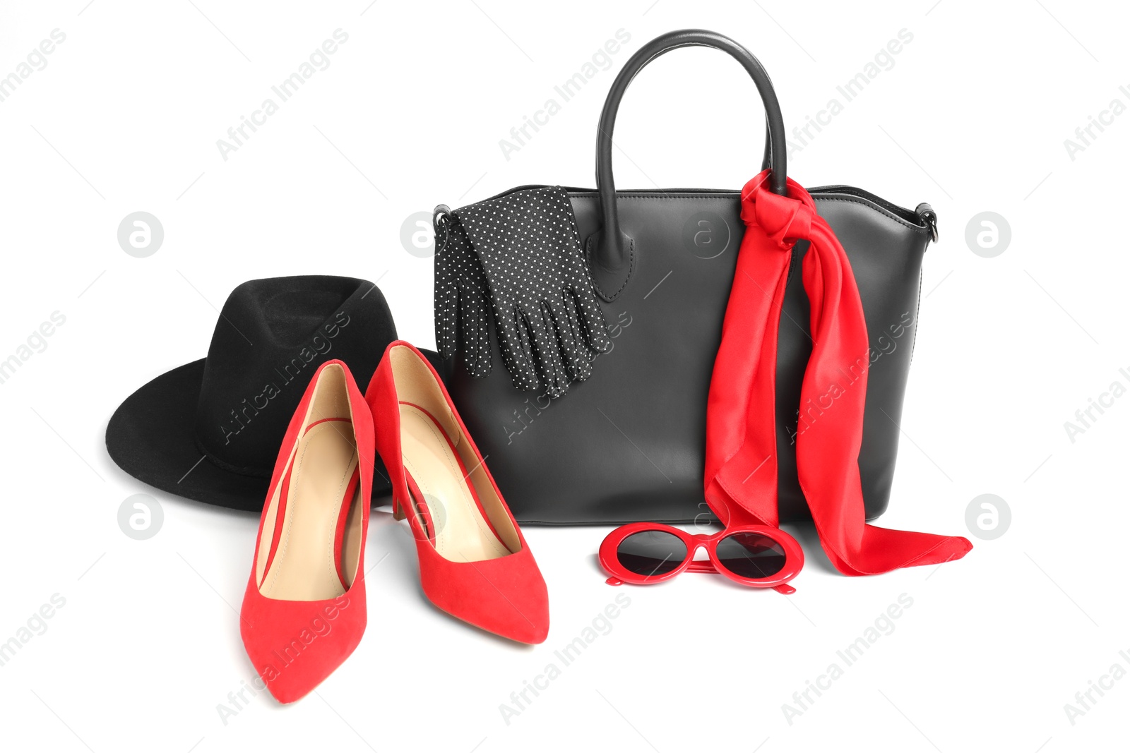 Photo of Stylish bag and other accessories on white background