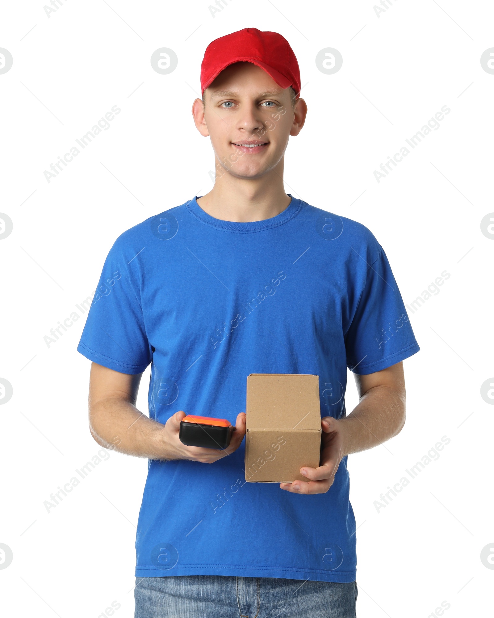 Photo of Happy courier with payment terminal and parcel on white background