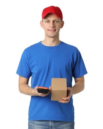 Photo of Happy courier with payment terminal and parcel on white background