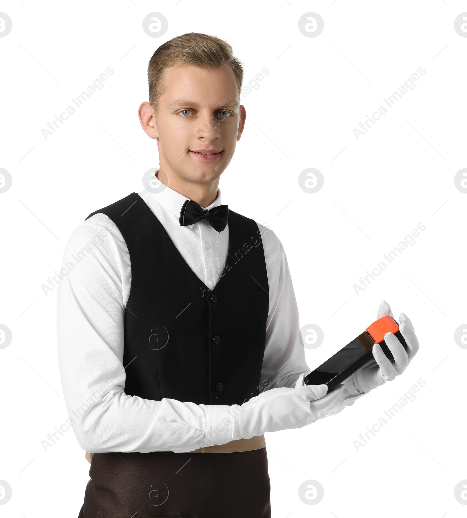 Photo of Happy waiter with payment terminal on white background