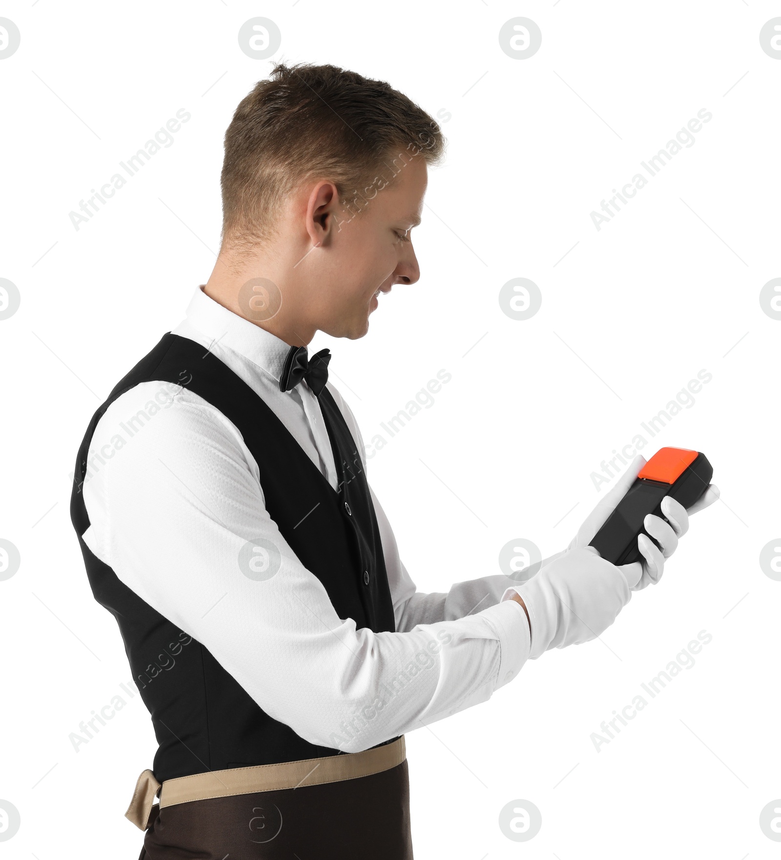 Photo of Happy waiter with payment terminal on white background