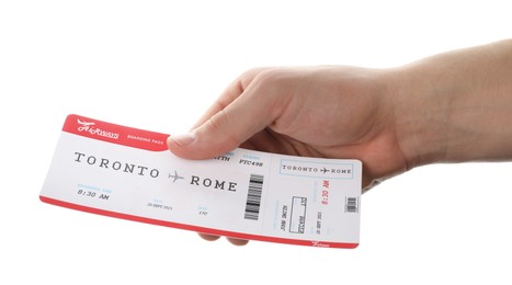 Photo of Travel agency. Man holding flight ticket on white background, closeup