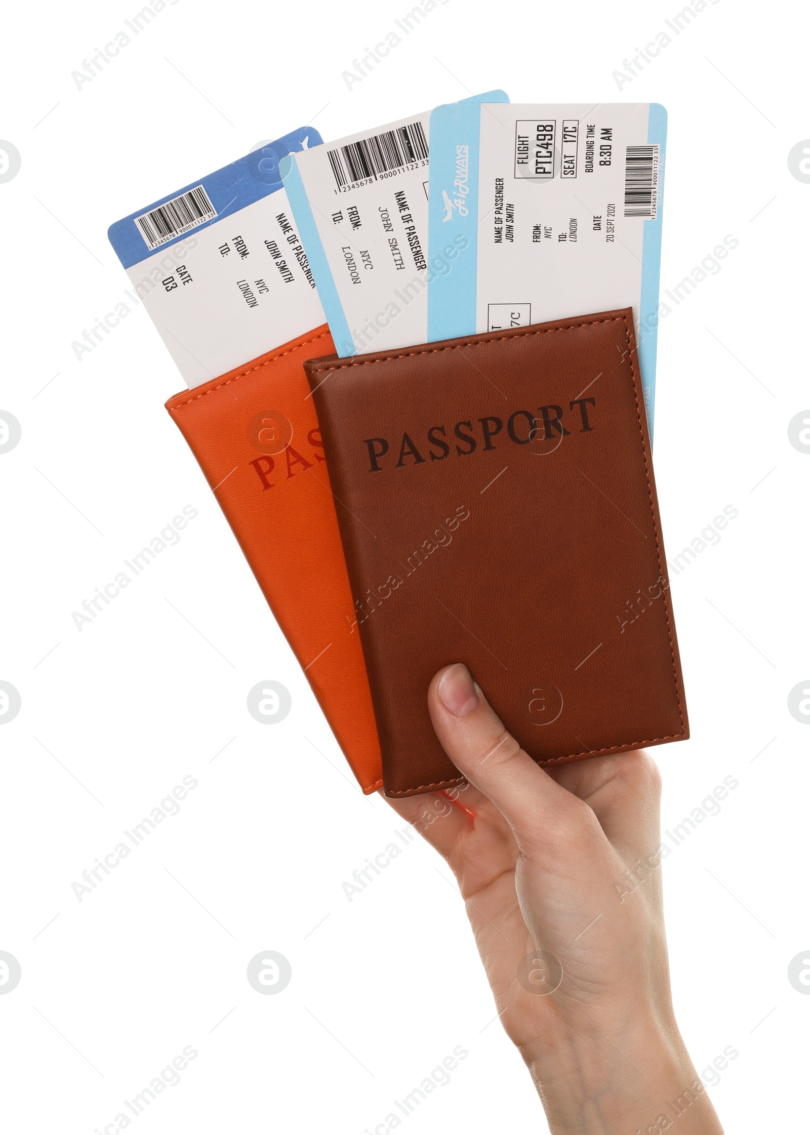 Photo of Travel agency. Woman holding flight tickets and passports on white background, closeup