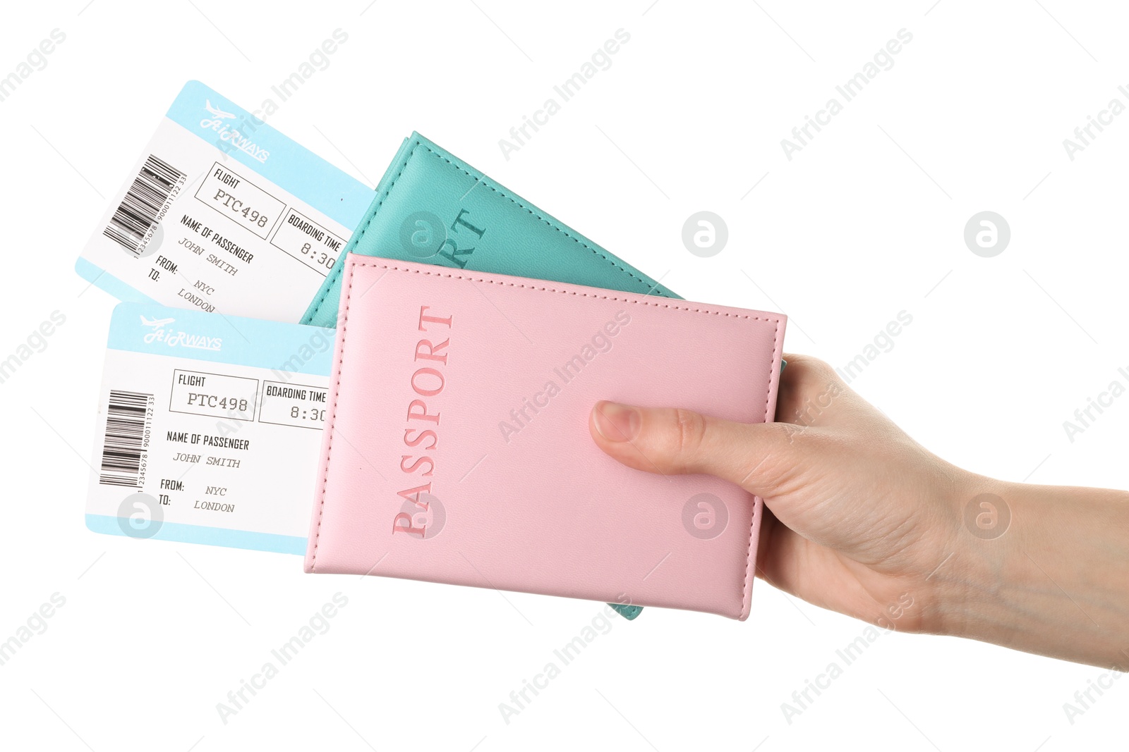 Photo of Travel agency. Woman holding flight tickets and passports on white background, closeup