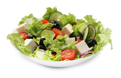 Photo of Delicious fresh Greek salad isolated on white