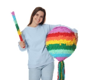 Photo of Happy woman with colorful pinata and stick on white background