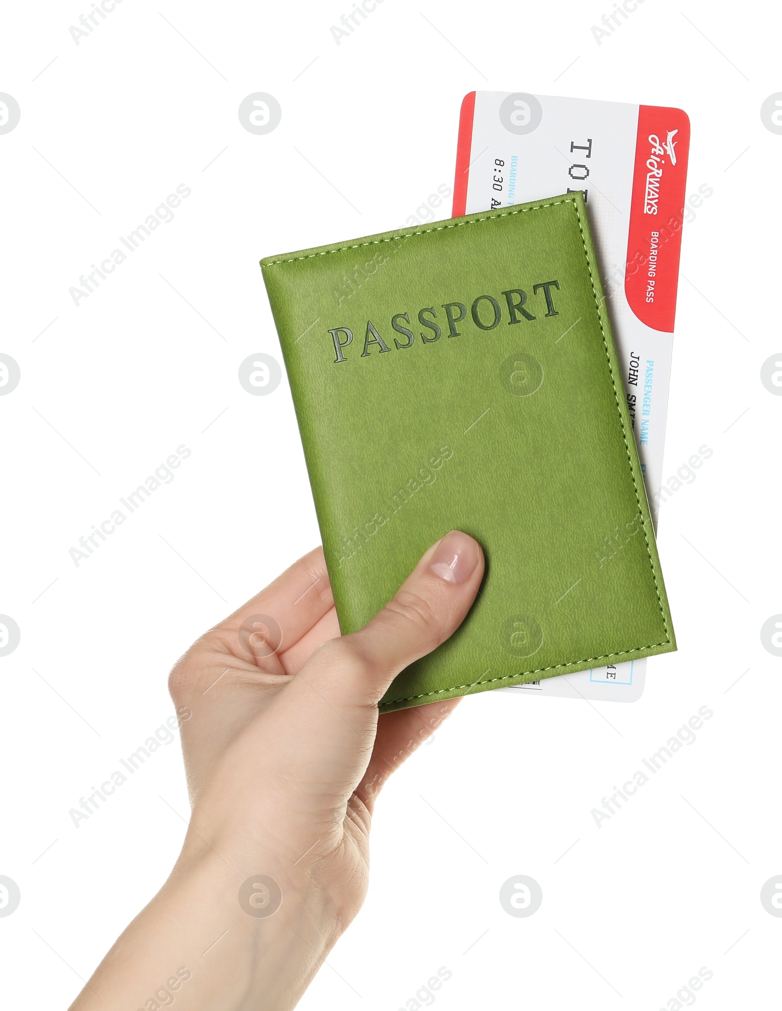 Photo of Woman holding passport with ticket on white background, closeup