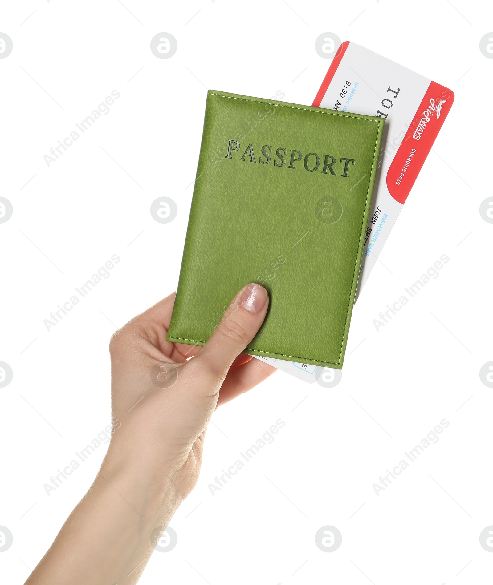 Photo of Woman holding passport with ticket on white background, closeup