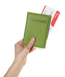 Photo of Woman holding passport with ticket on white background, closeup