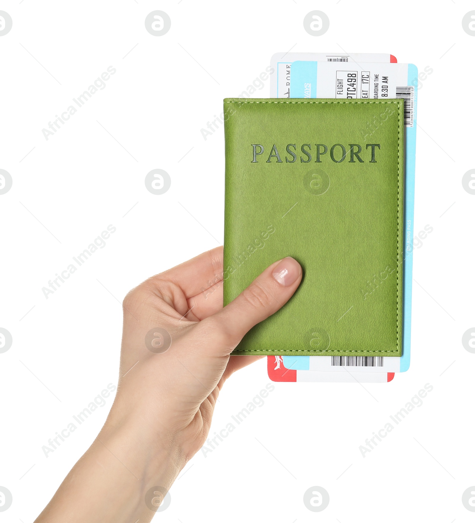 Photo of Woman holding passport with tickets on white background, closeup