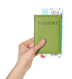 Photo of Woman holding passport with tickets on white background, closeup