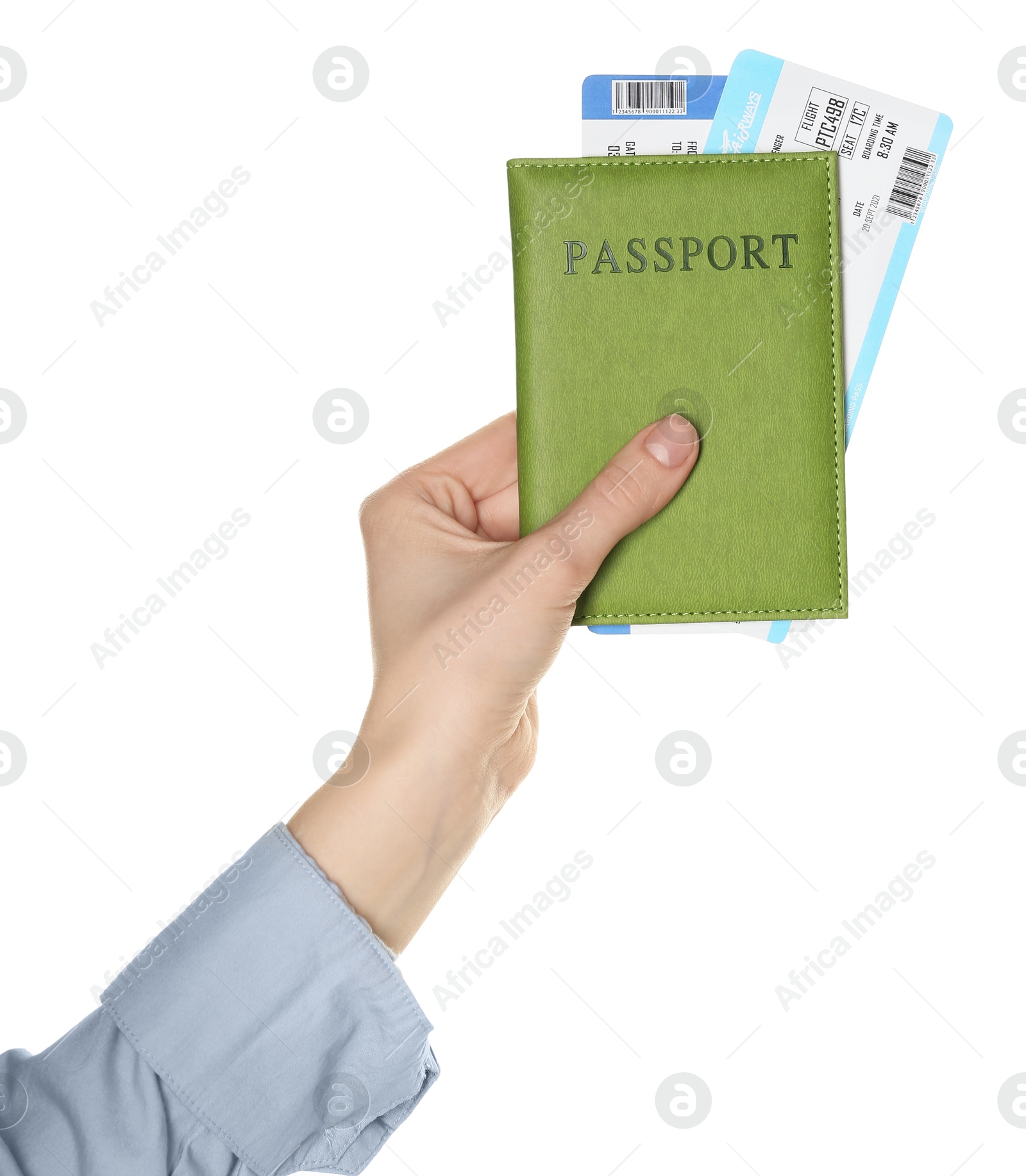 Photo of Woman holding passport with tickets on white background, closeup