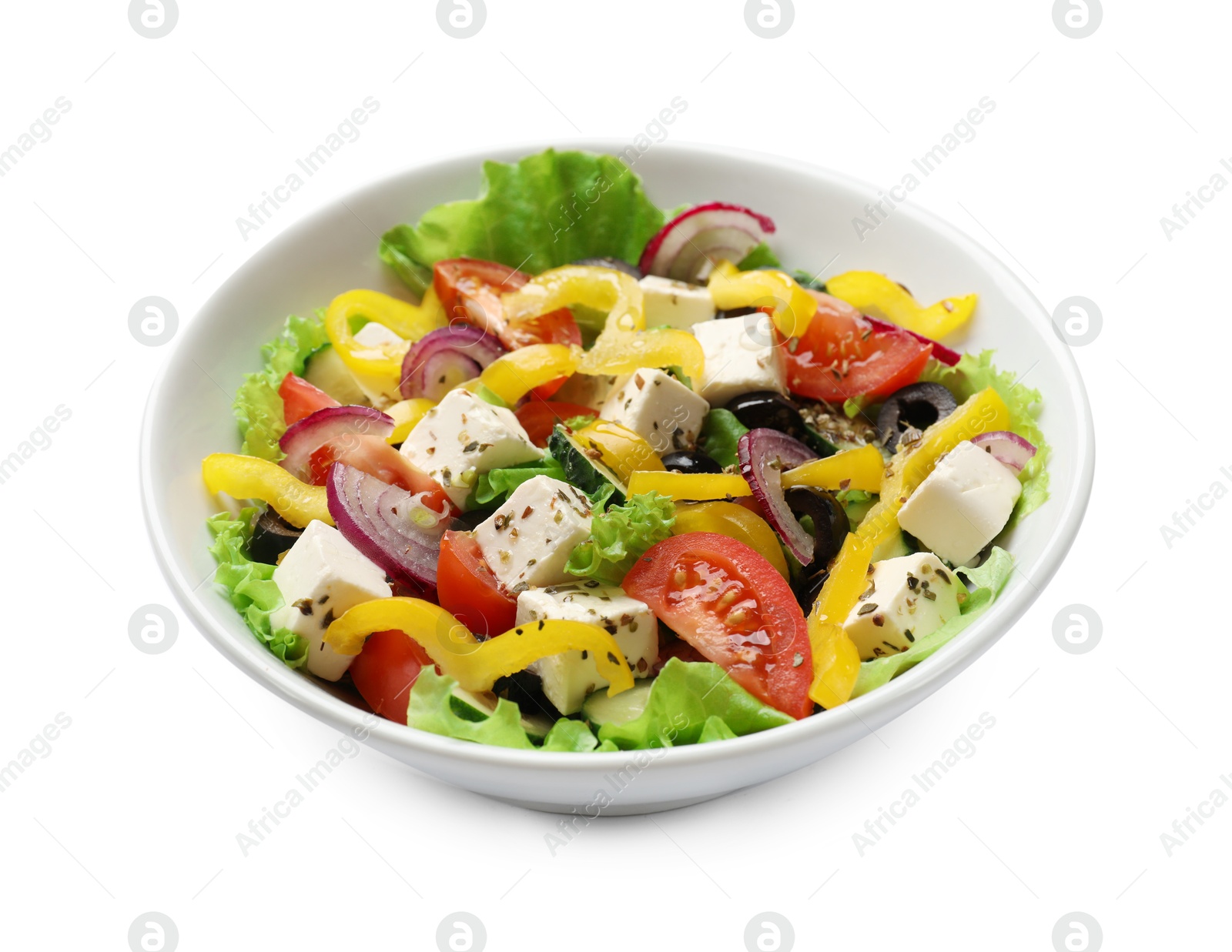 Photo of Delicious fresh Greek salad in bowl on white background