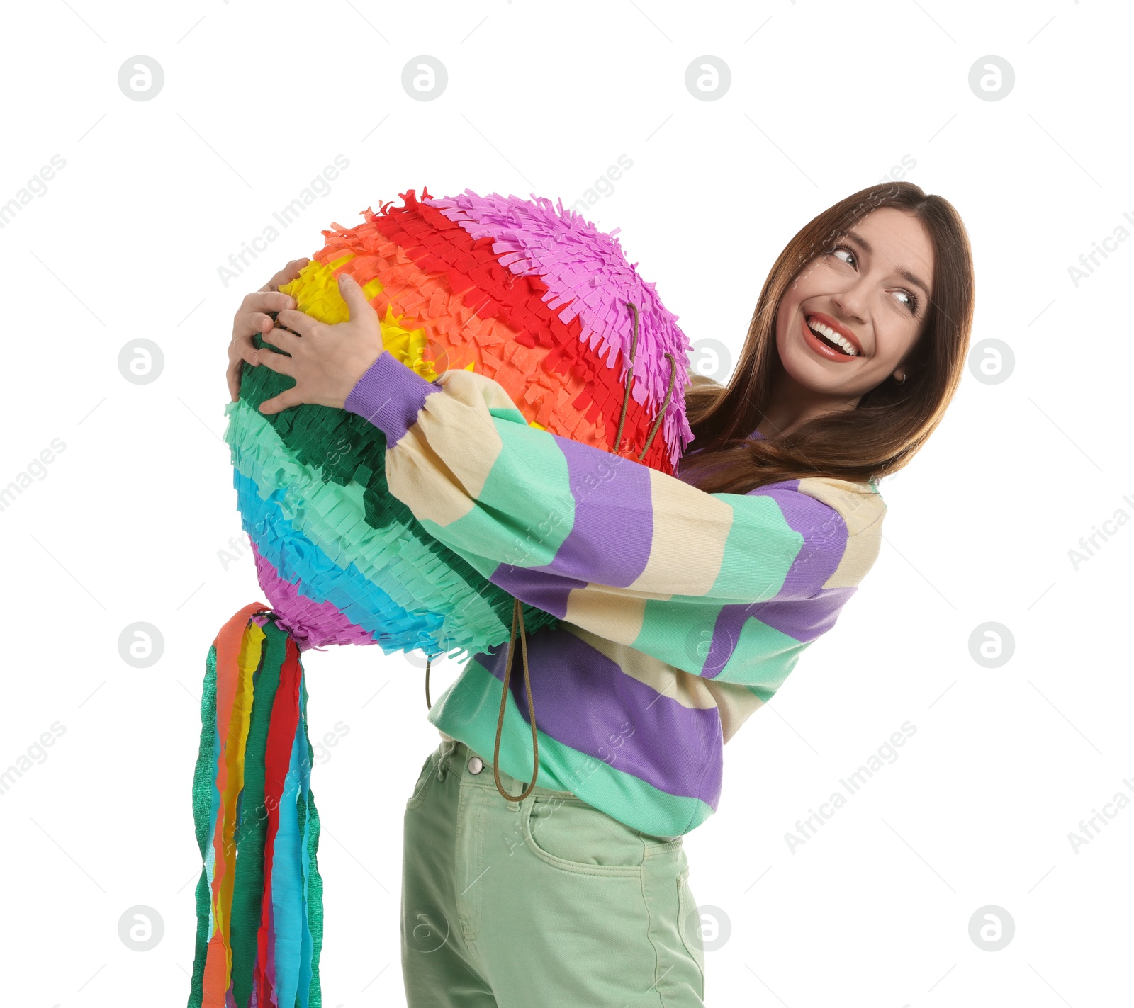 Photo of Happy woman with colorful pinata isolated on white