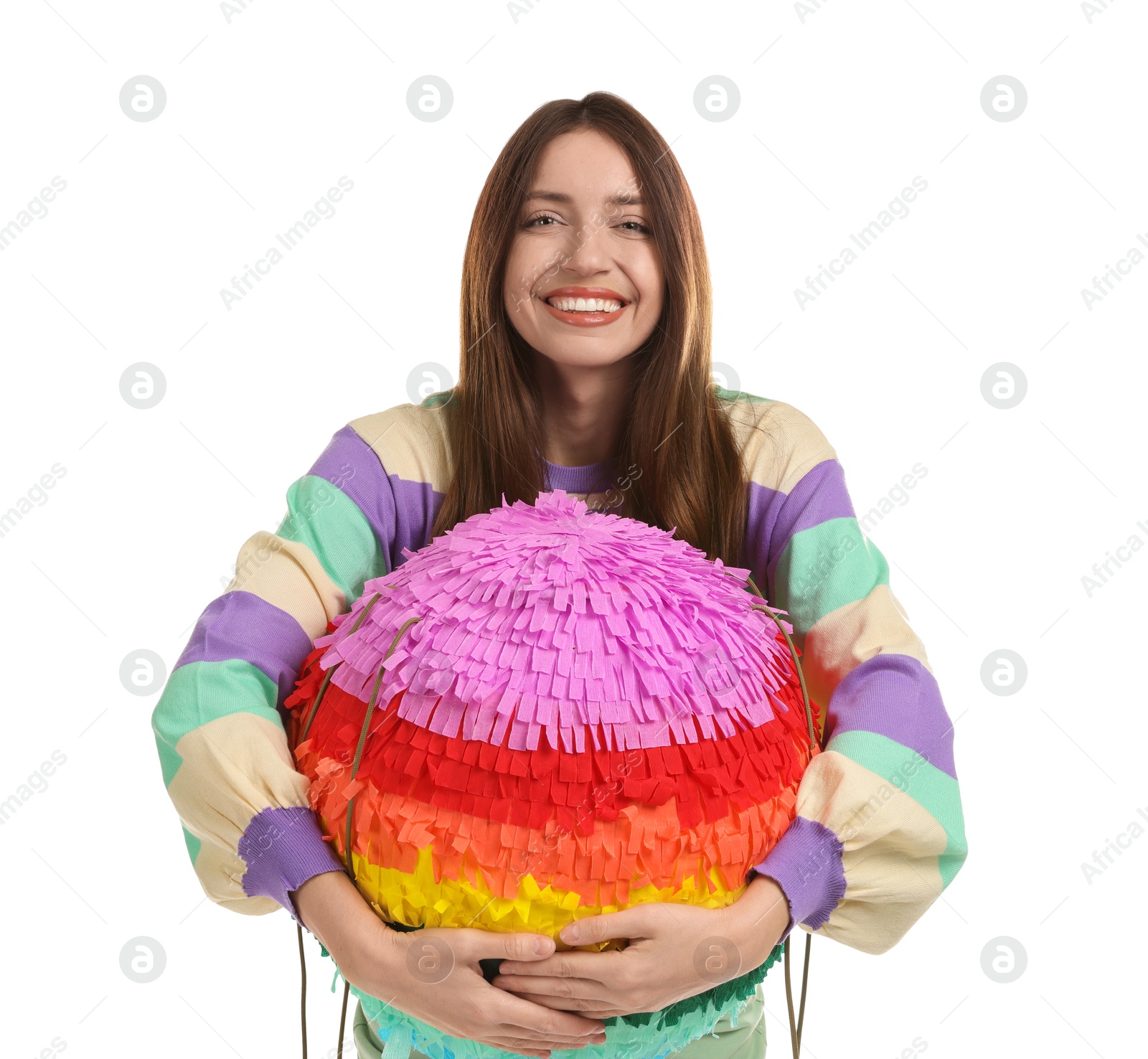 Photo of Happy woman with colorful pinata isolated on white