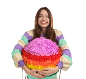 Photo of Happy woman with colorful pinata isolated on white