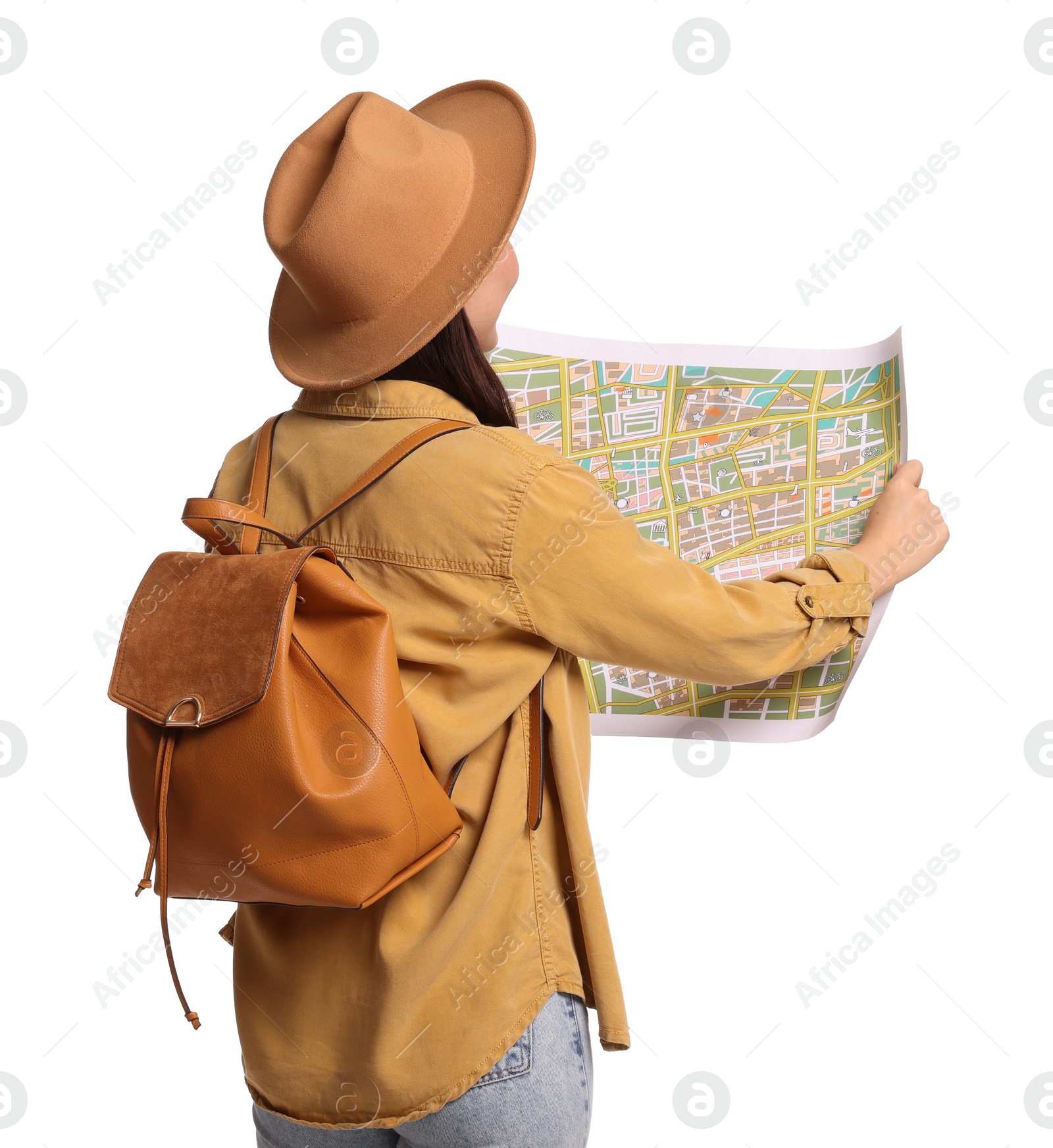 Photo of Traveller with map and backpack on white background, back view