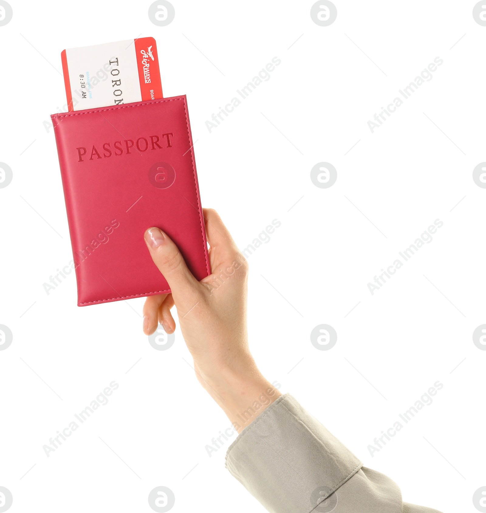 Photo of Woman holding passport with ticket on white background, closeup