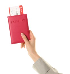 Photo of Woman holding passport with ticket on white background, closeup