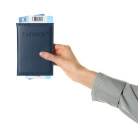 Photo of Woman holding passport with tickets on white background, closeup