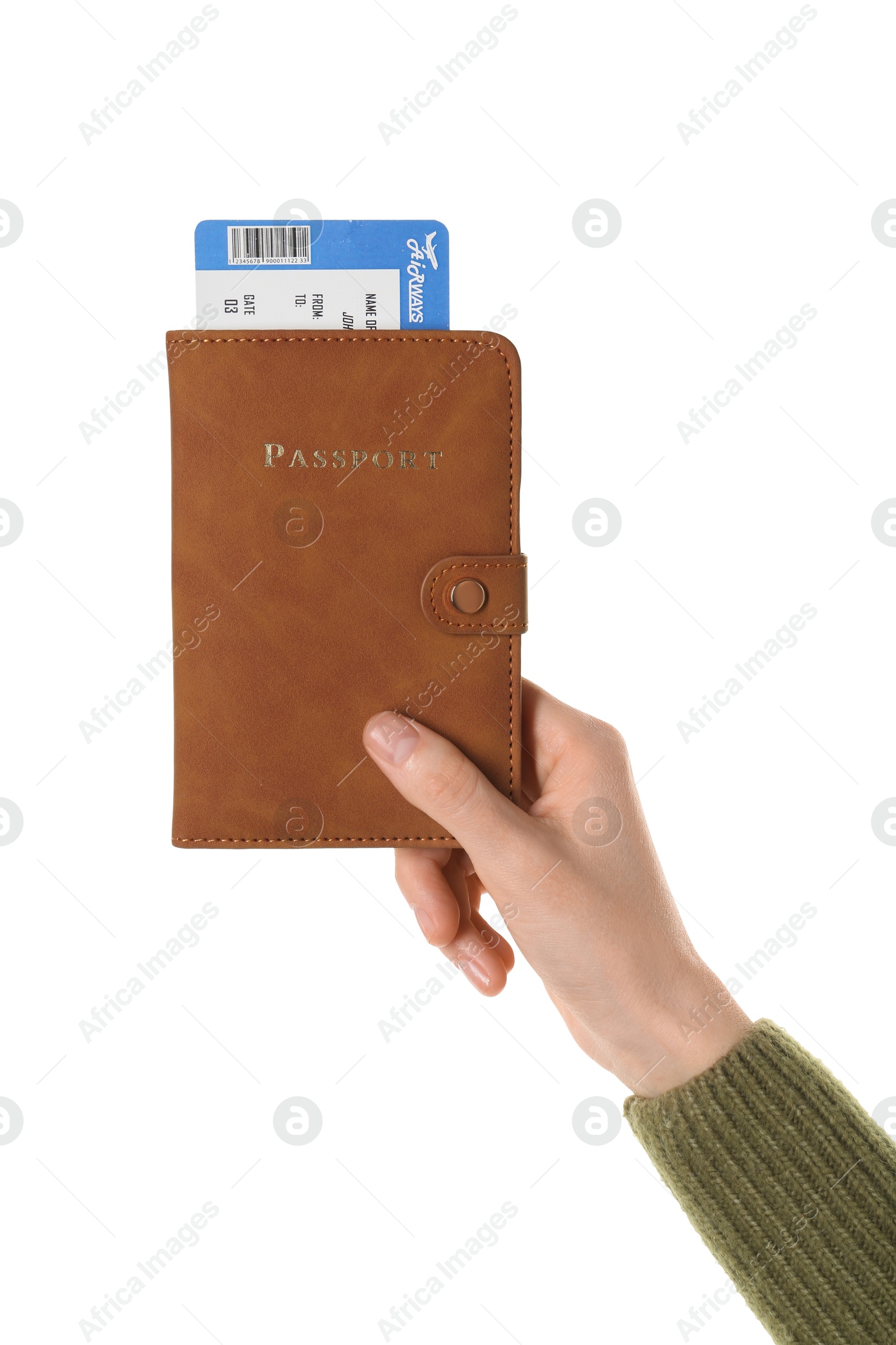 Photo of Woman holding passport with ticket on white background, closeup