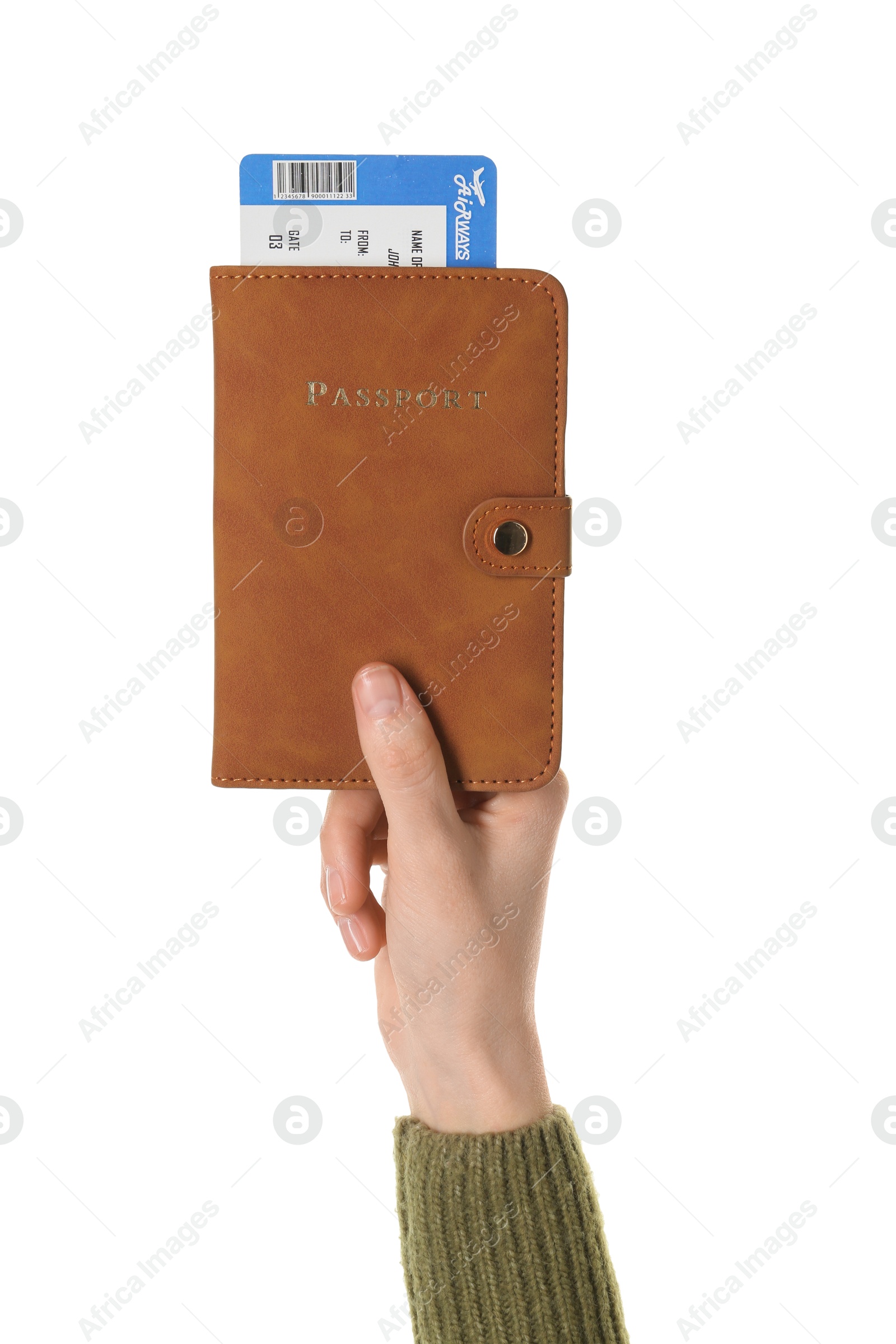 Photo of Woman holding passport with ticket on white background, closeup