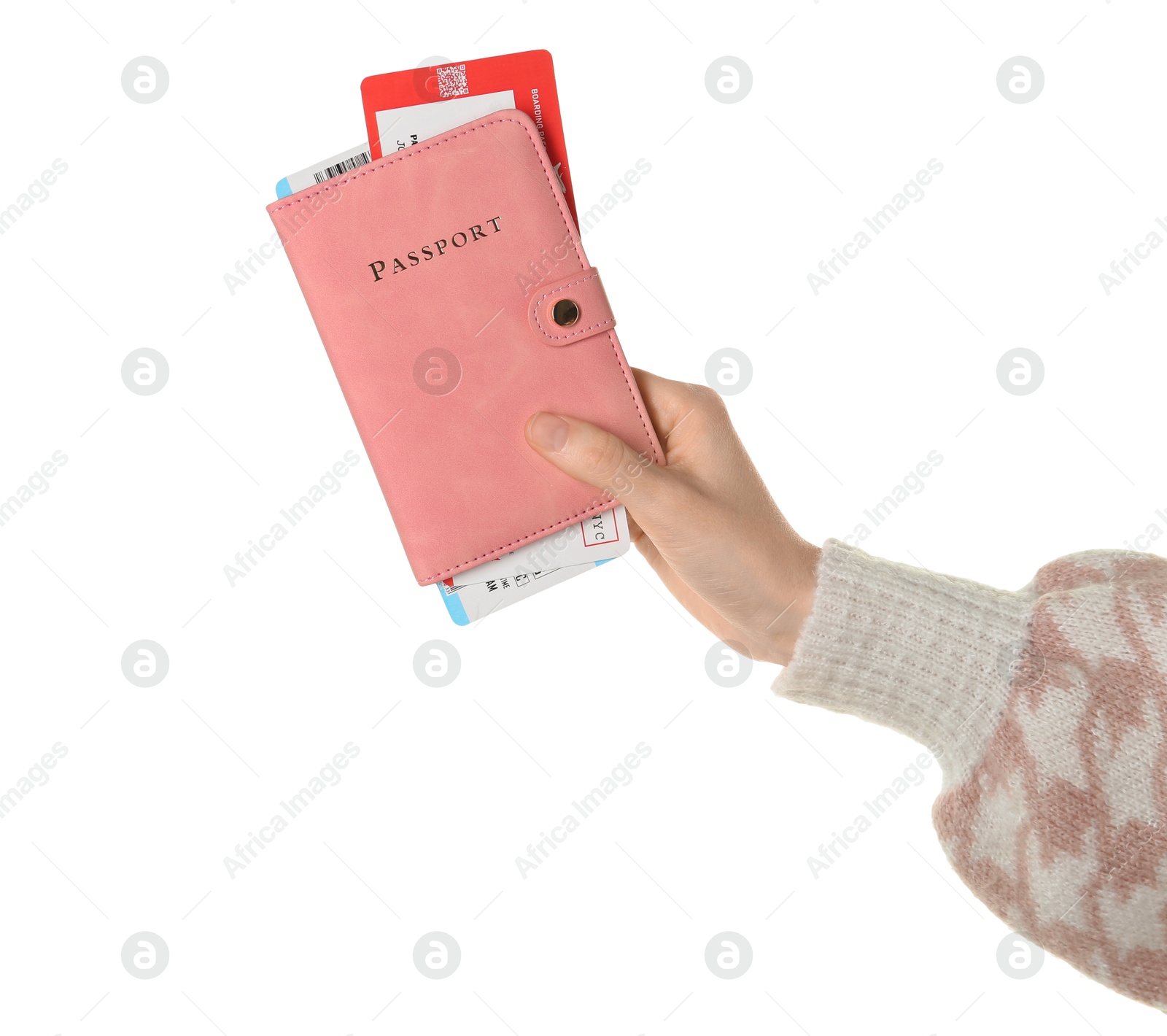 Photo of Woman holding passport with tickets on white background, closeup