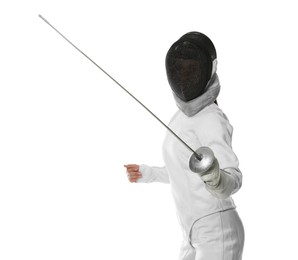 Photo of Fencer with epee practicing on white background