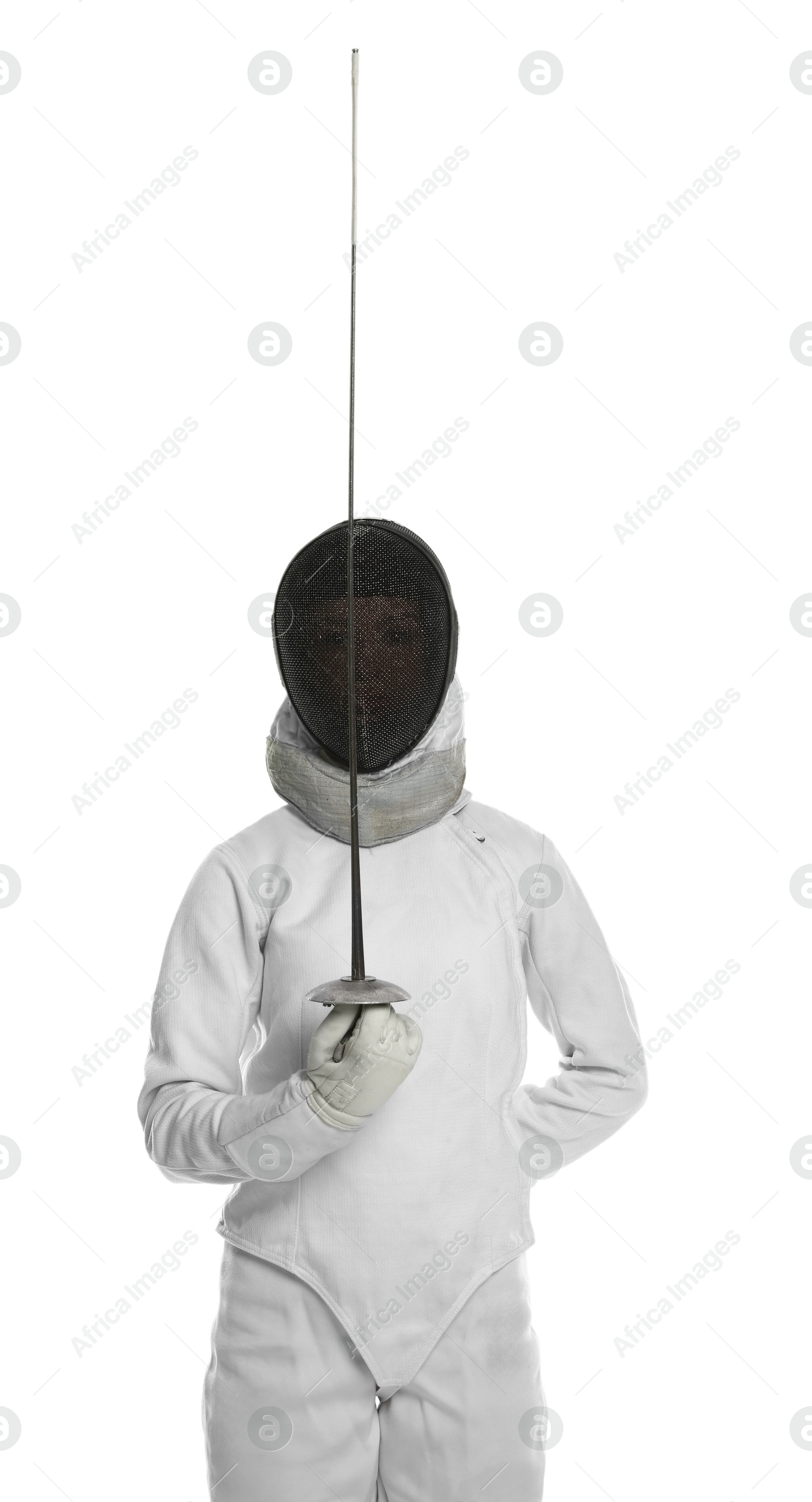 Photo of Fencer with epee on white background. Combat sport