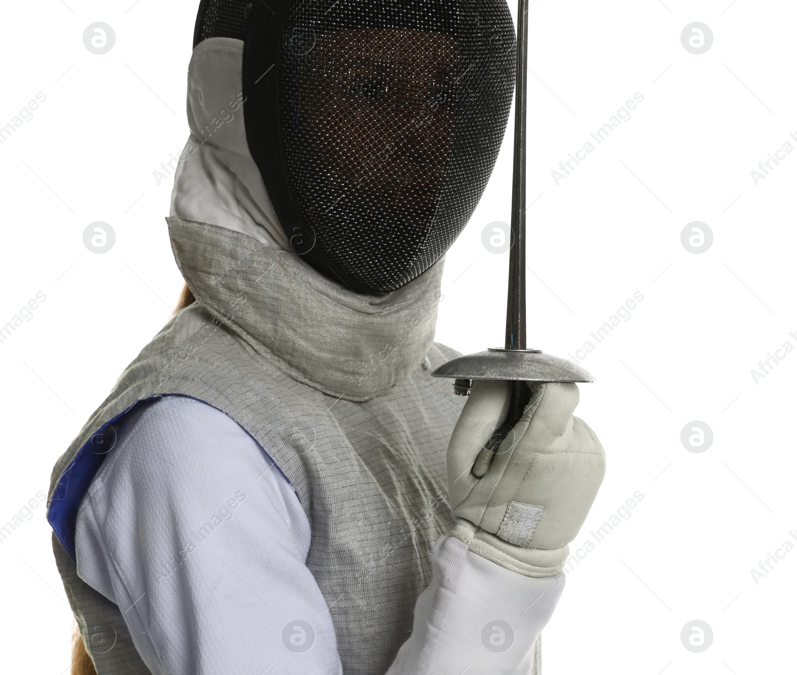 Photo of Fencer with epee on white background. Combat sport