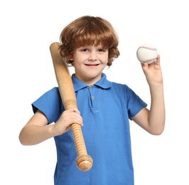 Photo of Little boy with baseball bat and ball on white background