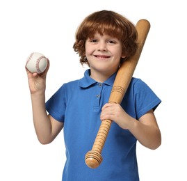 Photo of Little boy with baseball bat and ball on white background