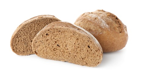 Photo of Whole and halves of bread isolated on white