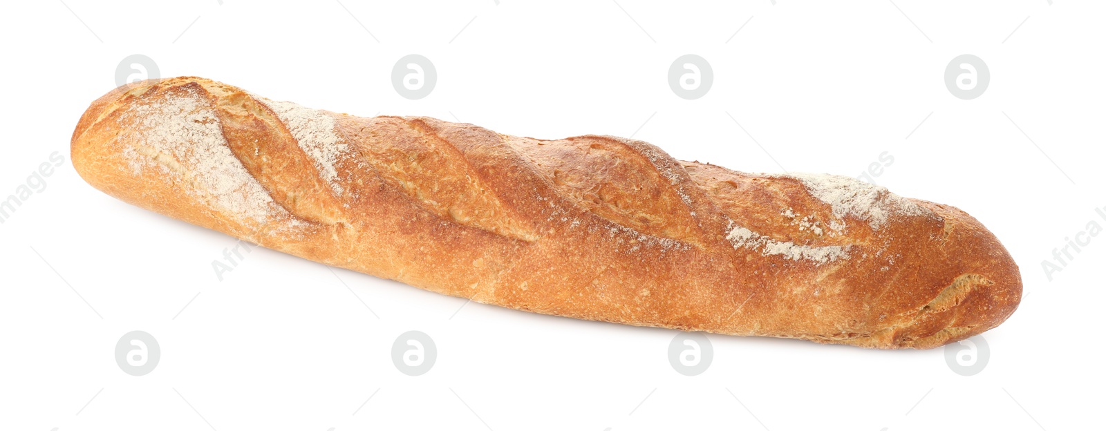 Photo of Freshly baked bread. One baguette isolated on white