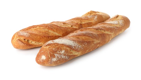 Photo of Freshly baked bread. Baguettes isolated on white