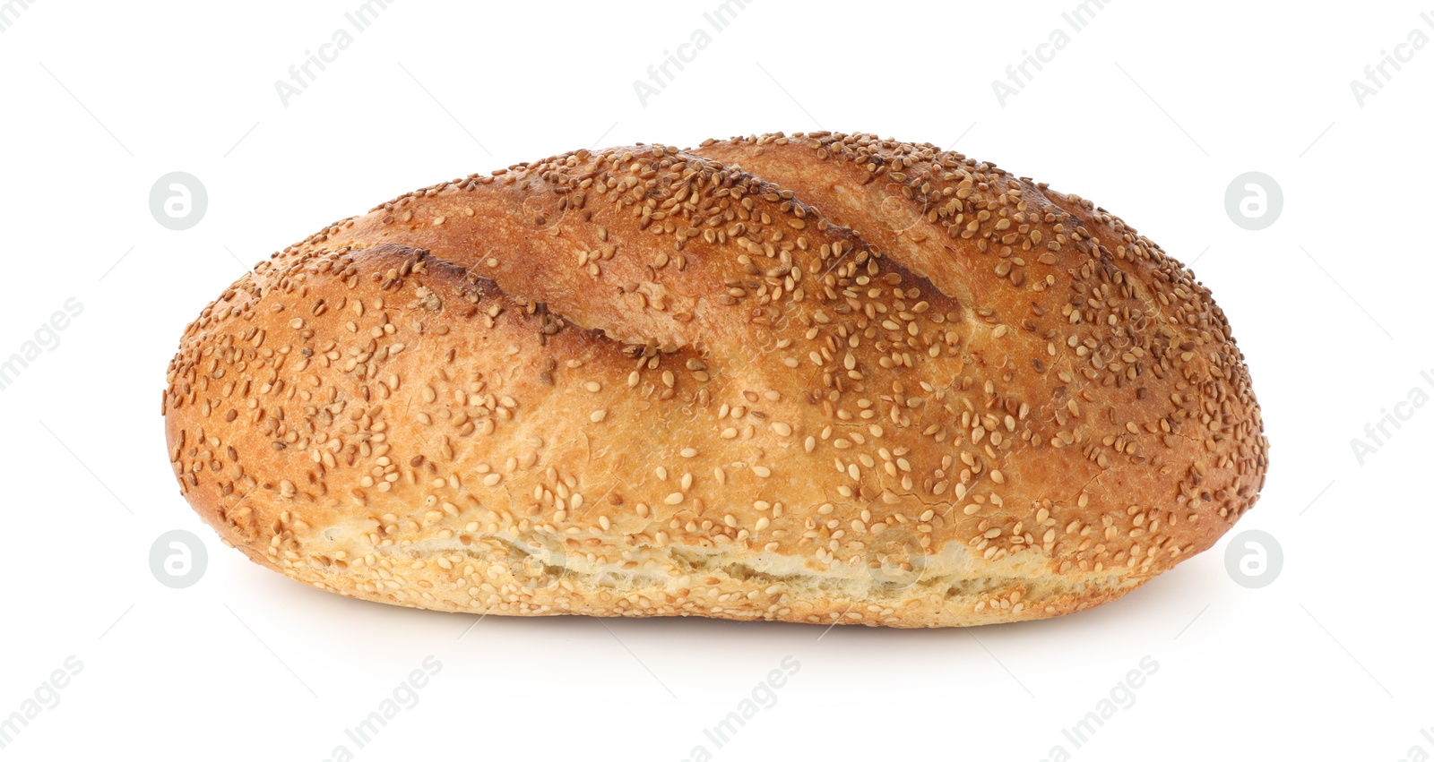 Photo of One freshly baked bread with sesame seeds isolated on white