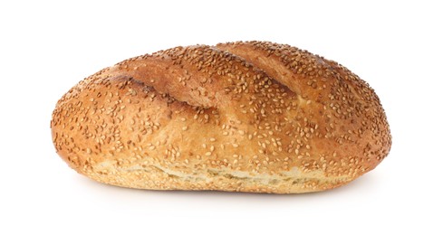 Photo of One freshly baked bread with sesame seeds isolated on white