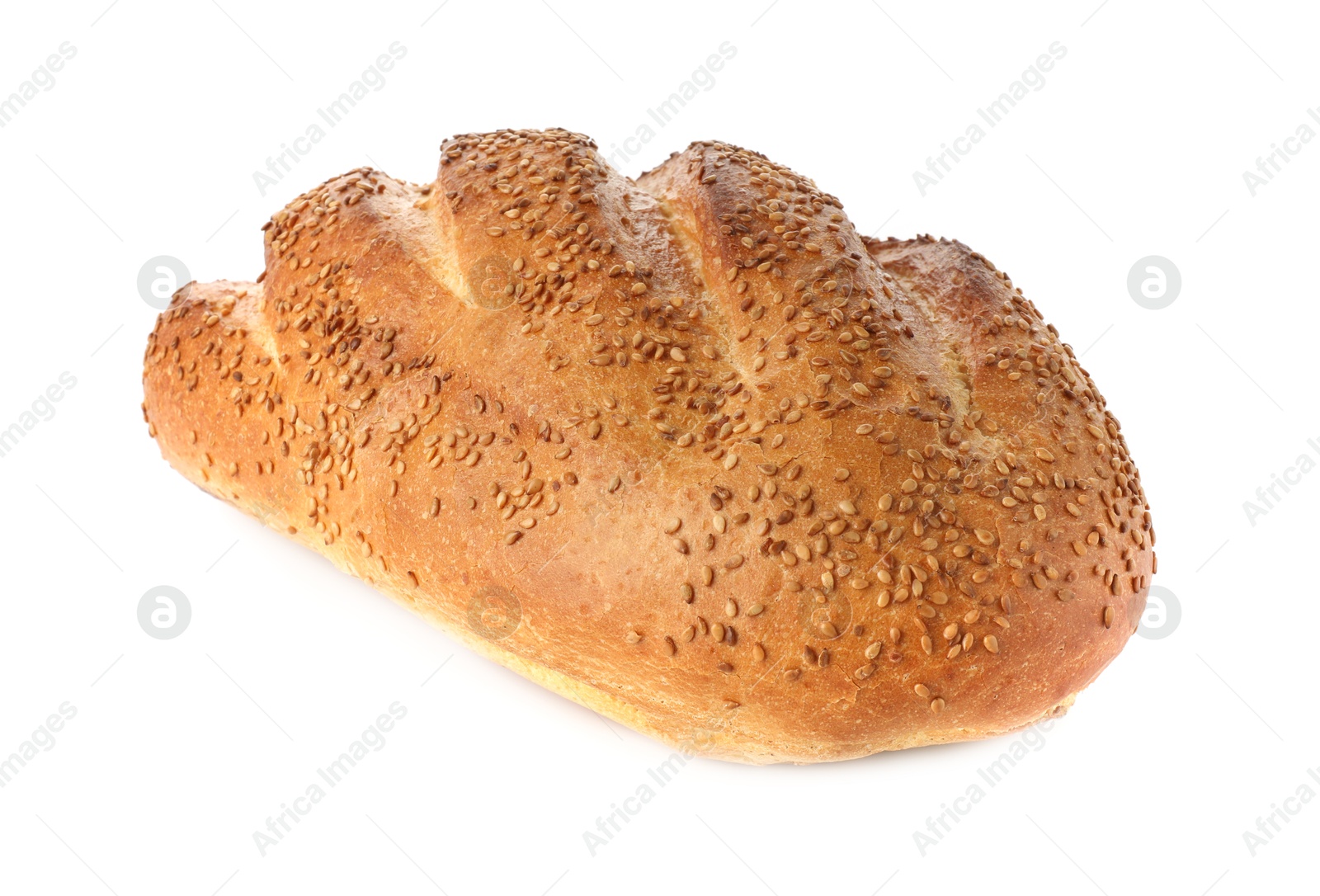 Photo of One freshly baked bread with sesame seeds isolated on white