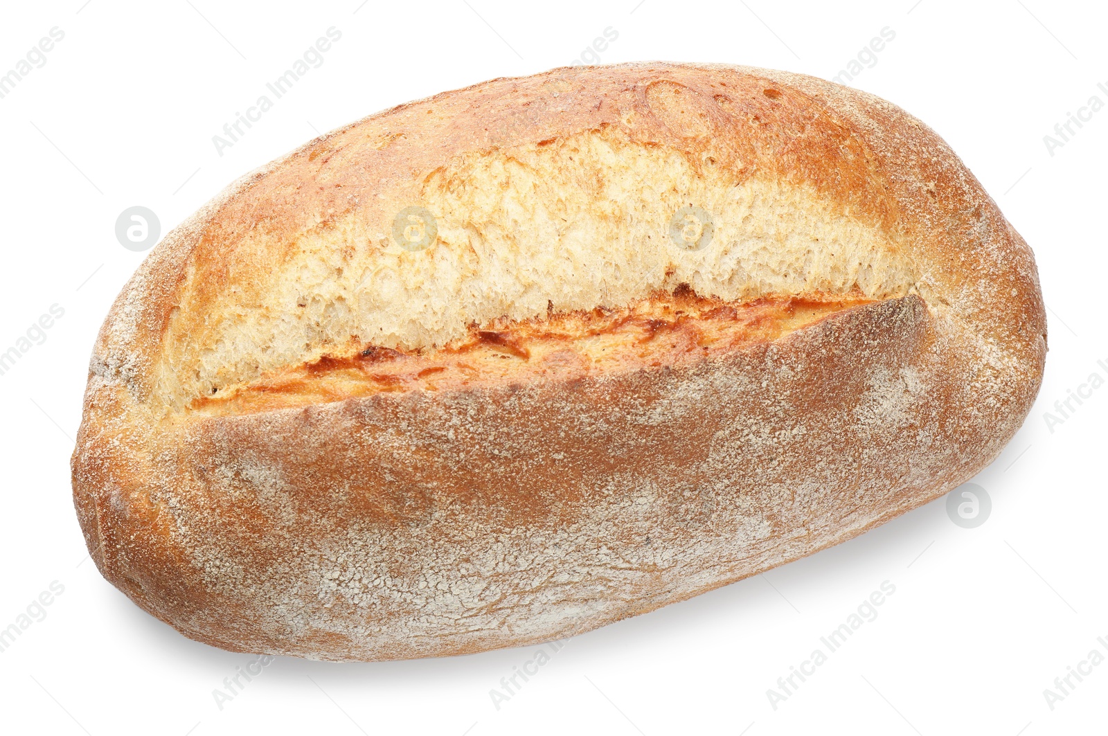 Photo of Whole loaf of freshly baked bread isolated on white, top view