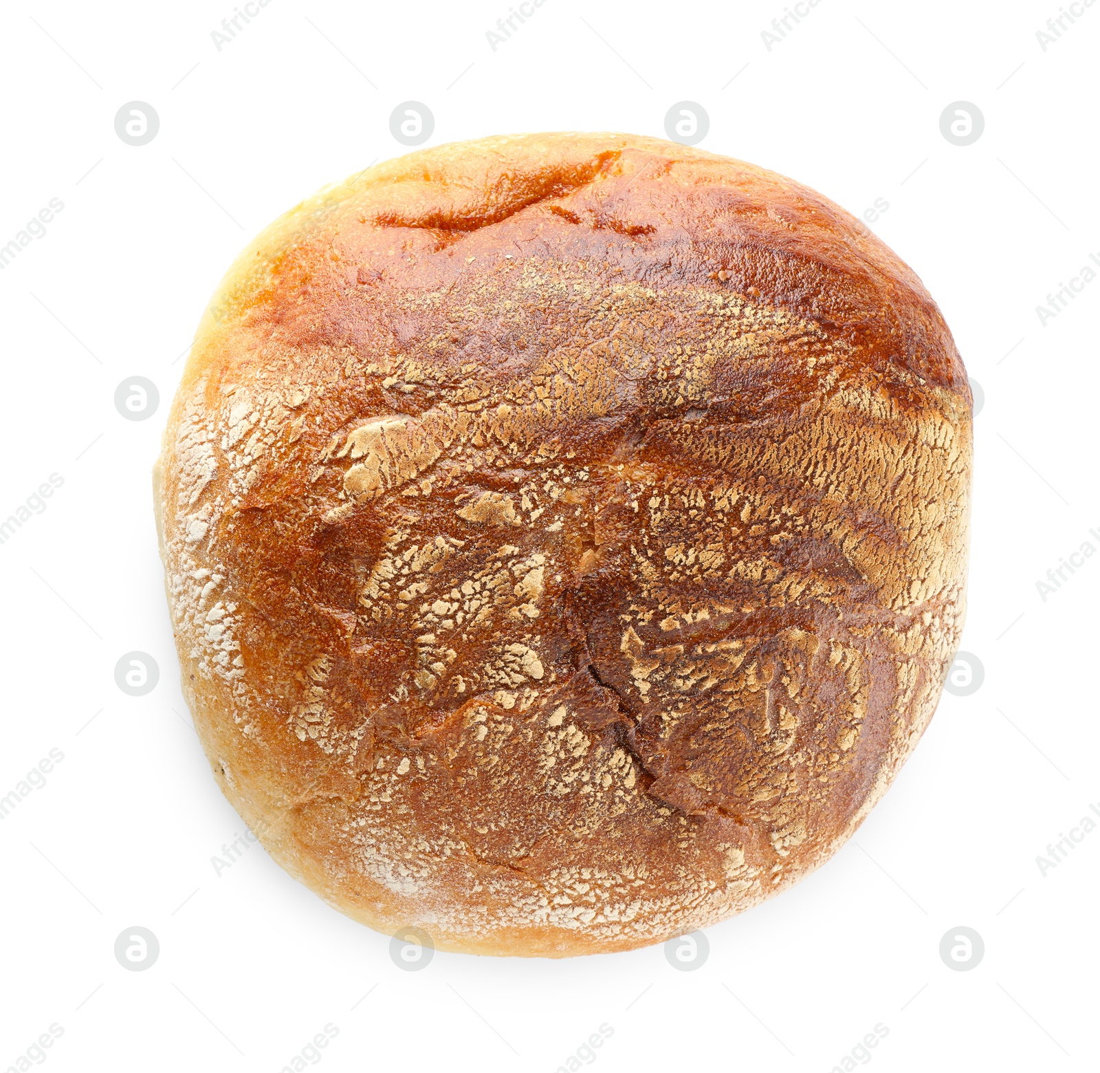 Photo of Whole loaf of freshly baked bread isolated on white, top view