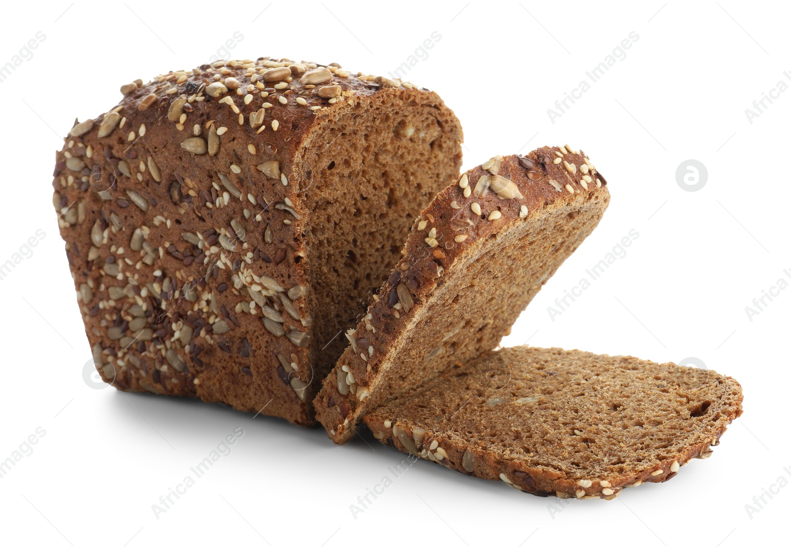 Photo of Cut rye bread with seeds isolated on white