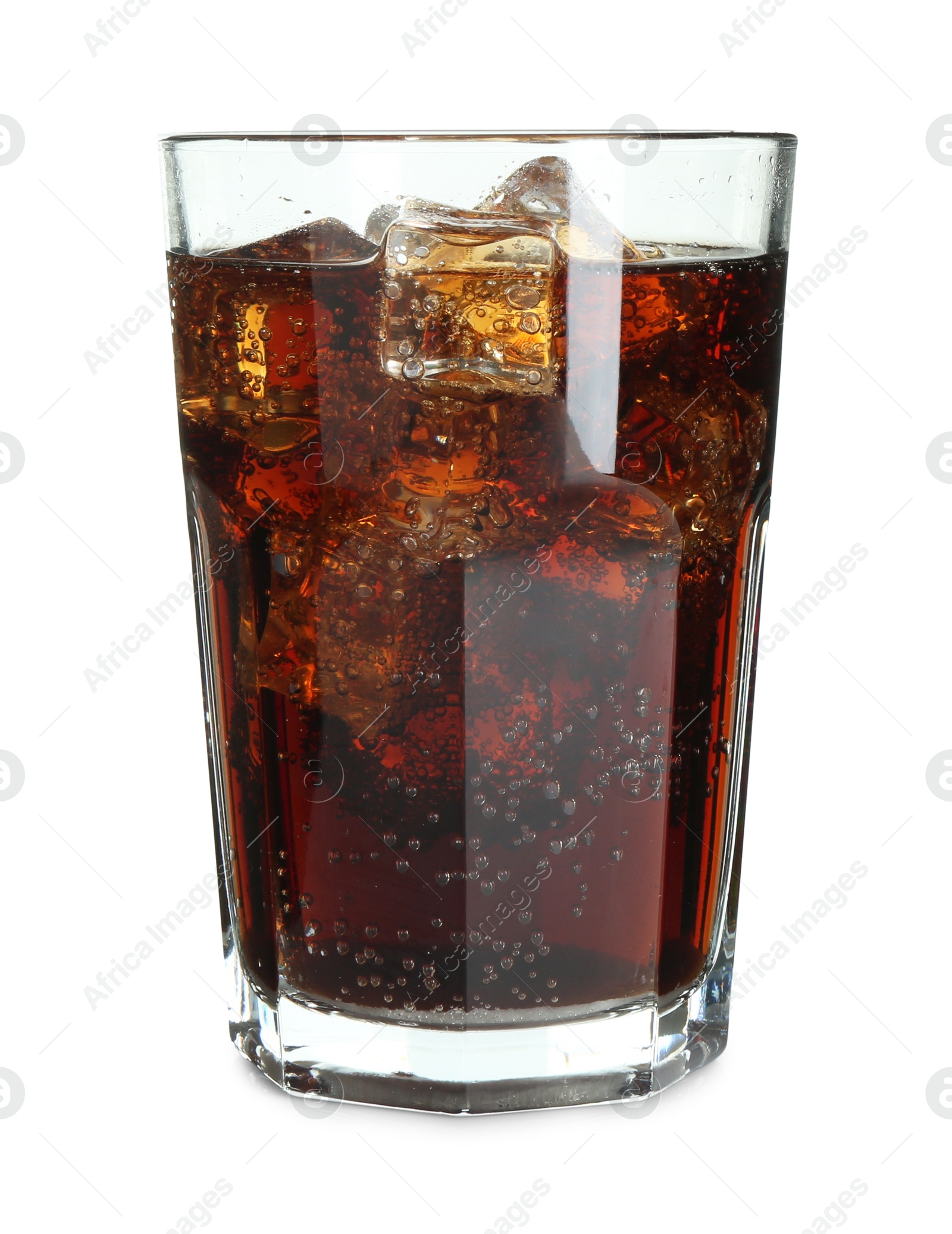 Photo of Glass of refreshing sweet soda water with ice cubes isolated on white