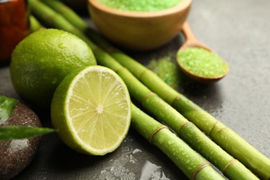 Photo of Spa composition with wet limes, sea salt, pebble stone and bamboo stems on grey table, closeup
