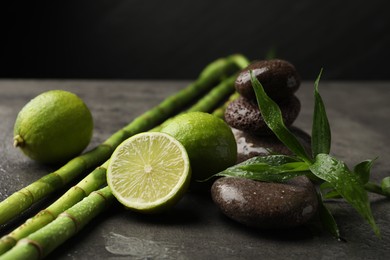 Photo of Spa composition with wet limes, pebble stones, bamboo leaves and stems on grey table against black background, closeup
