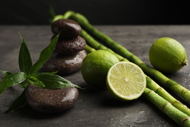 Photo of Spa composition with wet limes, pebble stones, bamboo leaves and stems on grey table against black background, closeup