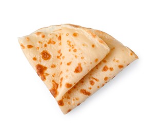 Photo of One delicious folded crepe isolated on white, top view