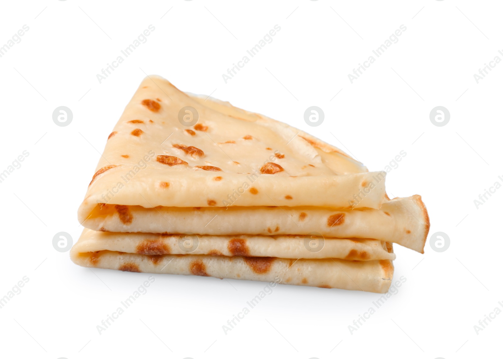 Photo of Stack of delicious folded crepes isolated on white