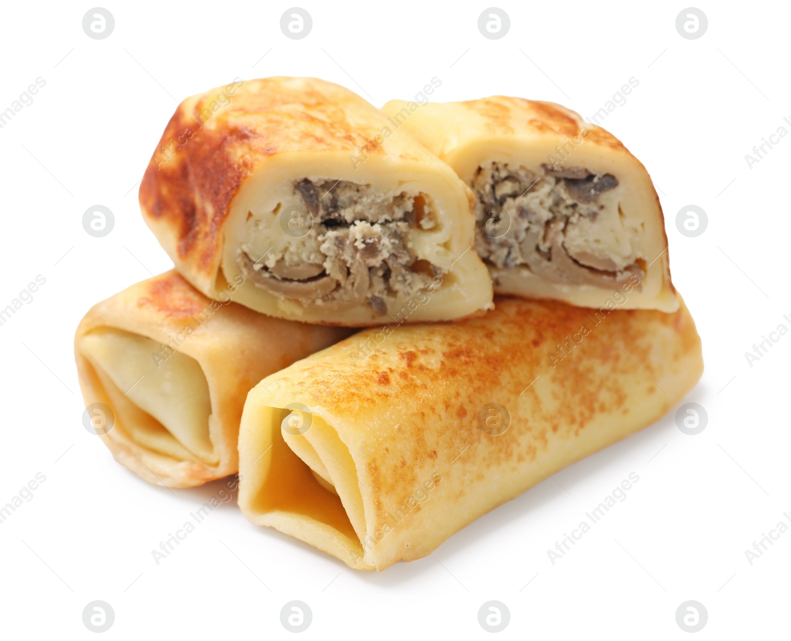 Photo of Delicious rolled crepes with mushrooms isolated on white