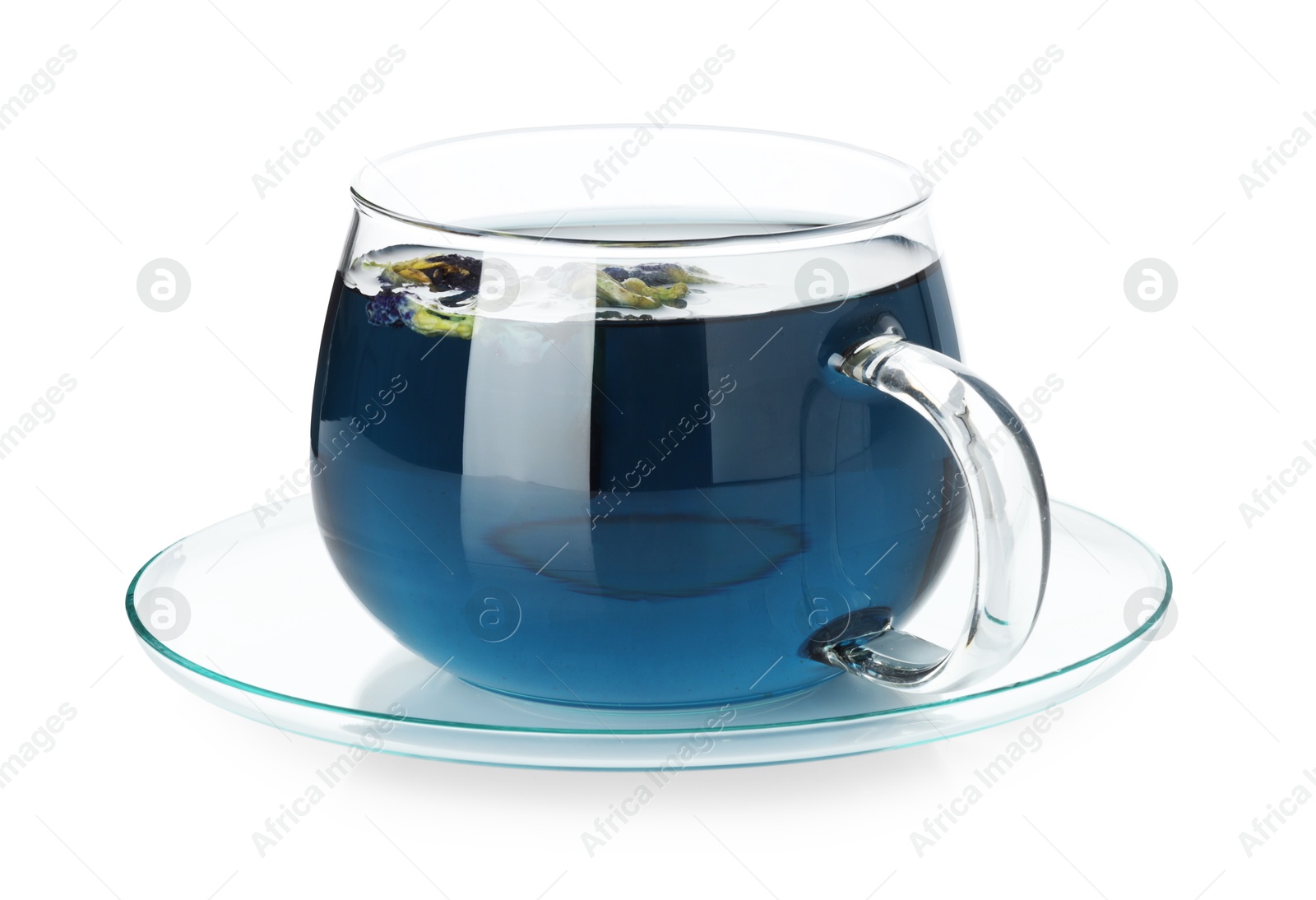 Photo of Fresh butterfly pea flower tea in cup isolated on white